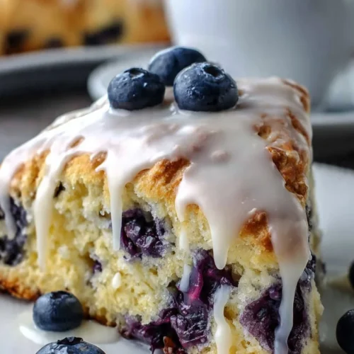 Freshly baked tender lemon blueberry scones on a rustic wooden table