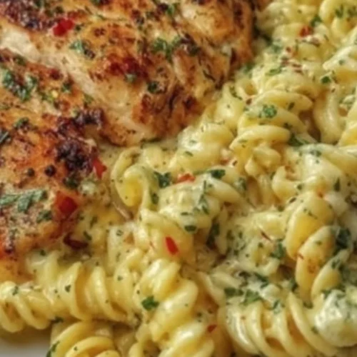 Creamy garlic parmesan chicken pasta dish with herbs and cheese