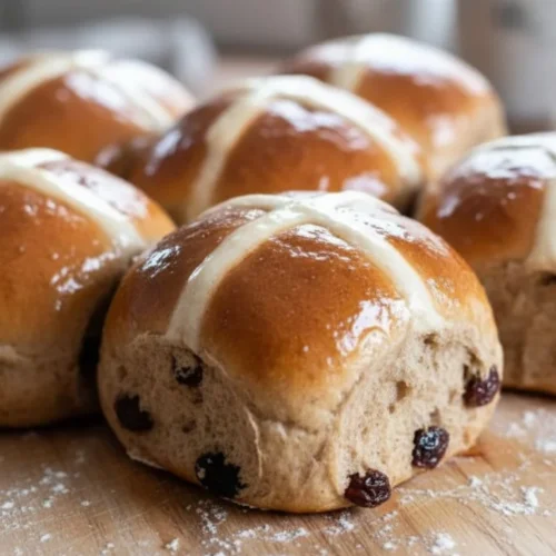 Freshly baked traditional hot cross buns with spices and currants