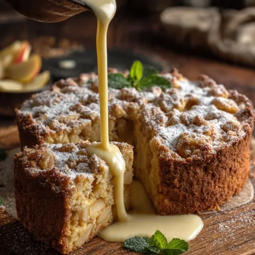 A slice of Traditional Irish Apple Cake served with creamy custard sauce