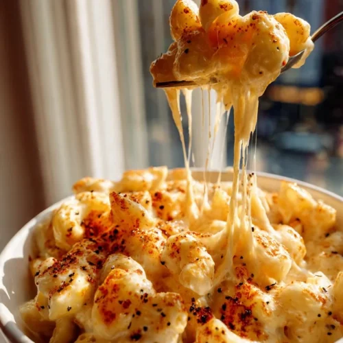 Triple Cheesy Mac and Cheese dish topped with golden, melted cheese