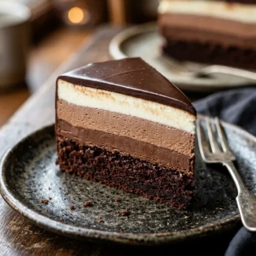 Triple Chocolate Mousse Cake topped with rich cocoa and chocolate mousse layers