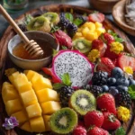 Colorful tropical fruit platter featuring pineapple, mango, kiwi, and berries.