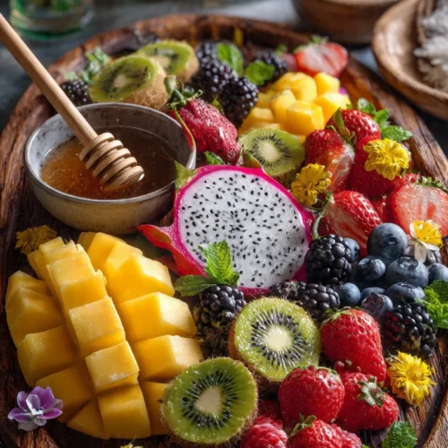 Colorful tropical fruit platter featuring pineapple, mango, kiwi, and berries.
