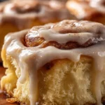 Ultimate gooey cinnamon rolls with icing on a plate