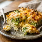 Delicious Southern broccoli cheese rice casserole served in a baking dish