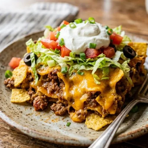 Delicious Walking Taco Casserole served in a colorful dish