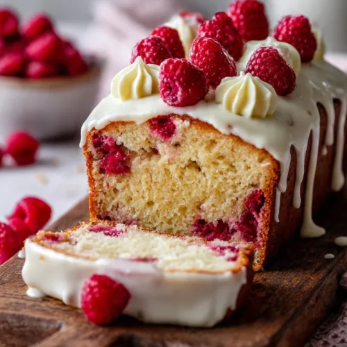 Slice of White Chocolate Raspberry Cake with fresh raspberries on top