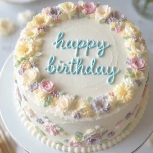 Beautiful wildflower birthday cake decorated with colorful edible flowers