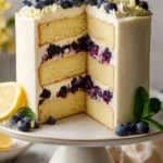 Zesty lemon blueberry cake topped with fresh blueberries and lemon zest