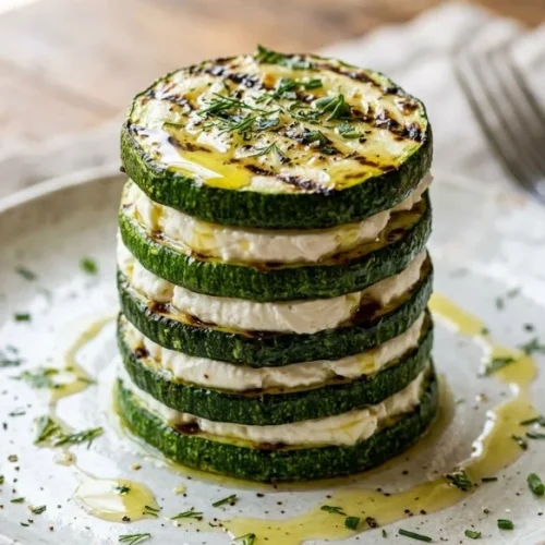 Layered zucchini and goat cheese stack recipe presented on a plate
