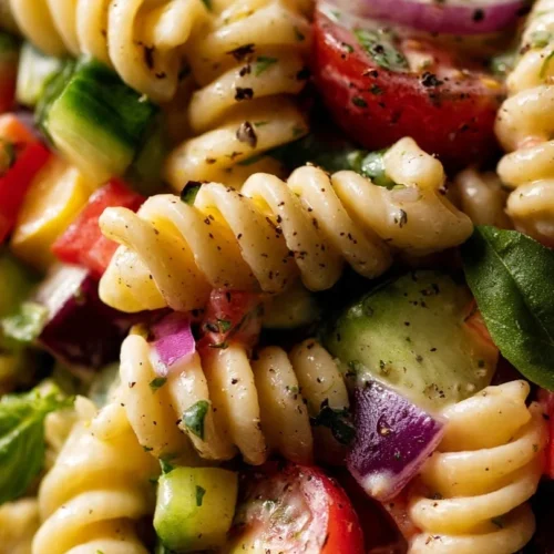 Bowl of delicious crack pasta salad garnished with fresh herbs and veggies
