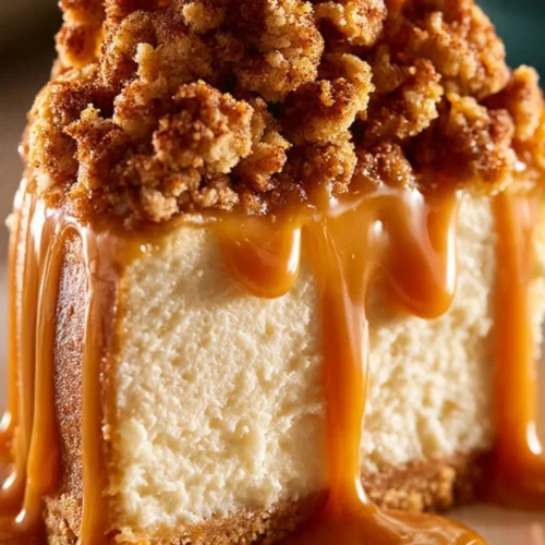Slice of Apple Crisp Cheesecake with apple topping and crumbly crust