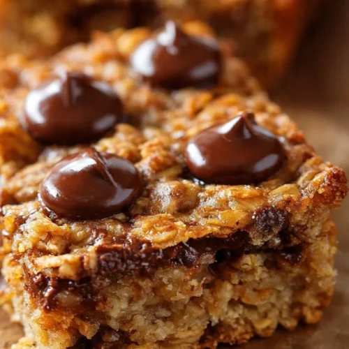 Homemade Banana Oatmeal Bars on a wooden table, topped with banana slices.