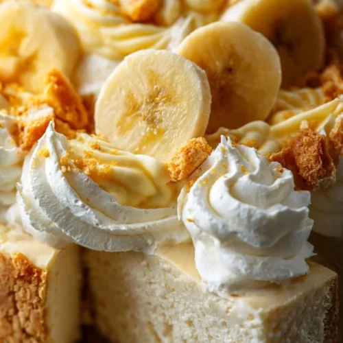 Delicious banana pudding cheesecake slice on a plate with banana slices and whipped cream