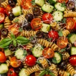 Delicious bowl of pasta salad with colorful vegetables and Italian dressing