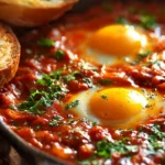Delicious shakshuka served in a skillet, topped with herbs and spices.