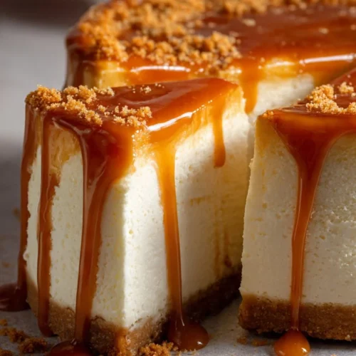 Delicious Biscoff cheesecake topped with cookie crumbs and creamy filling
