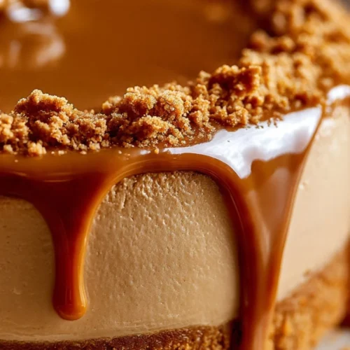 Delicious Biscoff cheesecake with a cookie crust and caramel topping