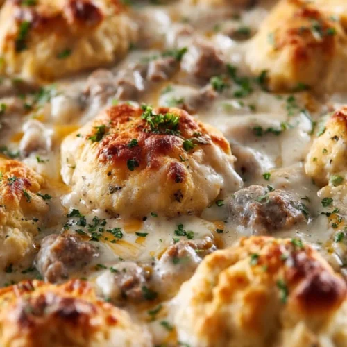 Delicious Biscuits and Gravy Casserole served warm with savory gravy