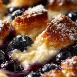 Blueberry cream cheese French toast casserole garnished with fresh blueberries.