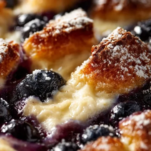 Blueberry cream cheese French toast casserole garnished with fresh blueberries.