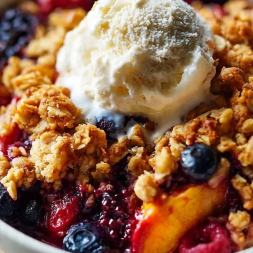 Blueberry peach crumble dessert served in a bowl with fresh fruit and crumble topping.