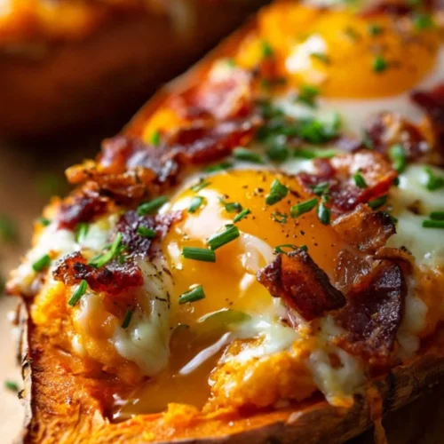 Delicious breakfast sweet potatoes topped with eggs and herbs for a healthy meal.