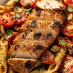 Bruschetta Chicken Pasta with fresh tomatoes and basil on a plate.