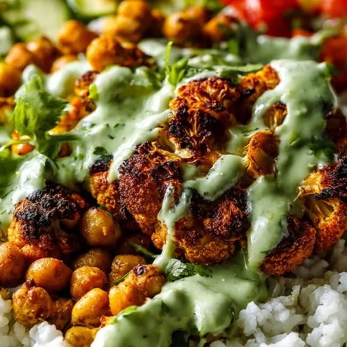 Cauliflower Shawarma Bowls with spices, veggies, and sauce on a plate.