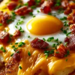 Delicious cheesy potato egg scramble with eggs and potatoes in a skillet