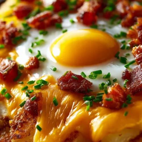 Delicious cheesy potato egg scramble with eggs and potatoes in a skillet