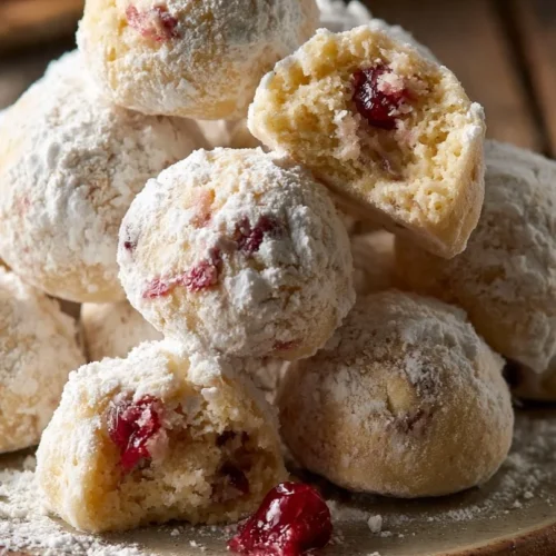 Delicious Cherry Snowball Cookies dusted with powdered sugar on a wooden board.