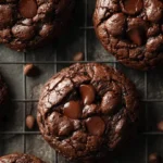 Freshly baked chewy double chocolate chip cookies on a cooling rack