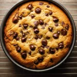Delicious Chocolate Chip Cookie Cake with melted chocolate chips and a golden crust.