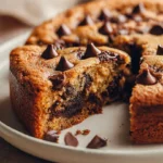 Delicious chocolate chip cookie cake topped with chocolate chips