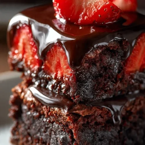Delicious chocolate covered strawberries on fudgy brownies