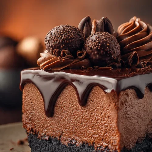 Delicious Chocolate Fudge Truffle Cheesecake topped with rich fudge and truffles.