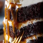 Delicious Chocolate Snickers Cake topped with chocolate frosting and peanuts.