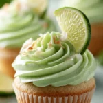 Delicious coconut cupcakes with lime buttercream frosting on a decorative plate