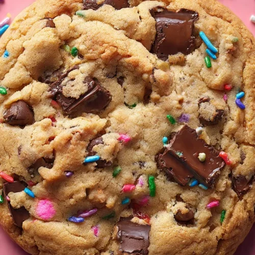 Delicious cookie cake with chocolate chips and frosting