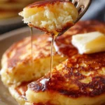 Fluffy cottage cheese pancake served with syrup and fresh berries.