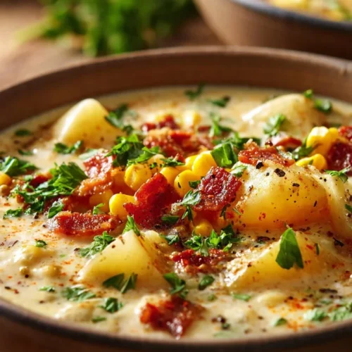 Bowl of creamy ham, potato, and corn chowder served hot