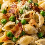 Delicious creamy pasta salad with vegetables and dressing