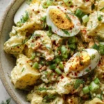Creamy potato salad with egg, garnished and ready for serving at a picnic.