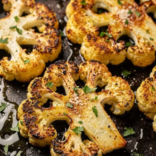 Crispy baked cauliflower steaks served on a plate with herbs and spices