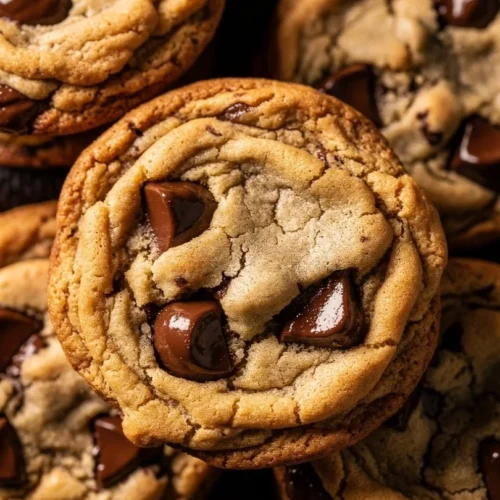 Crispy chewy chocolate chip cookies on a rustic wooden table