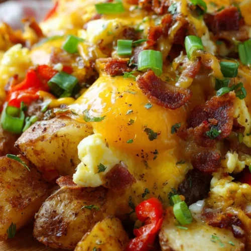 Crispy Loaded Breakfast Hash with potatoes, eggs, and vegetables