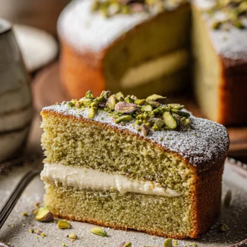 Slice of decadent pistachio gooey butter cake on a plate