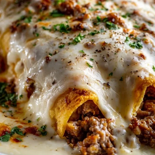Breakfast enchiladas topped with sausage gravy, served on a plate.